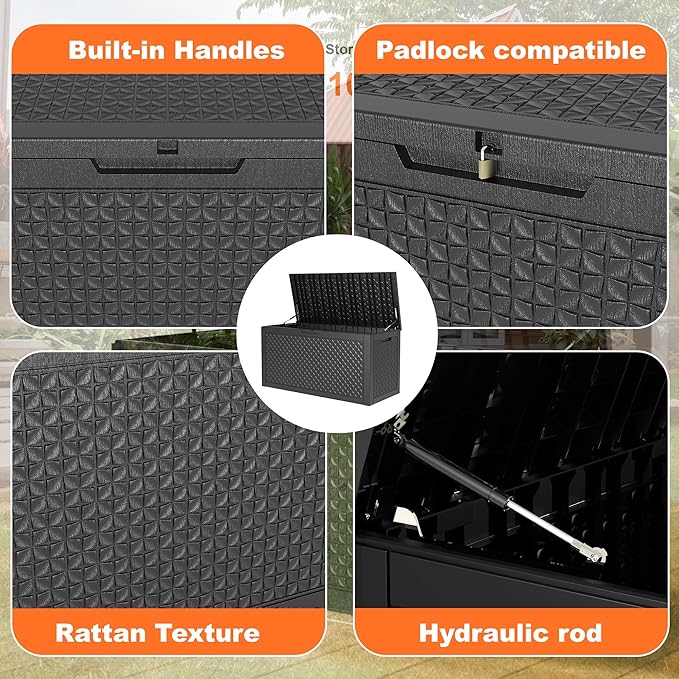 Deck Box, 110 Gallon Resin Lockable Outdoor Storage, Black