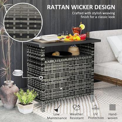 Outsunny Wicker Outdoor Storage Cabinet, Rattan Outdoor Bar Table with 2 Doors and Shelf, Outdoor Buffet Cabinet Sideboard with Metal Slatted Countertop for Poolside, Patio, Backyard, Mixed Gray