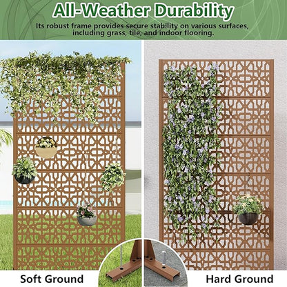 Casaphoria Metal Privacy Screen Outdoor, 72" H x 35" W Freestanding Decorative Privacy Screen for Patio Deck Balcony Garden with Stable Base, Brown-Perilla