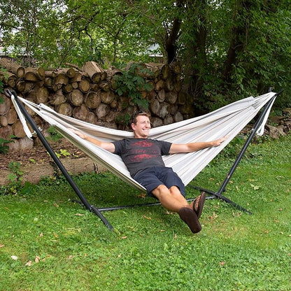 Vivere Double Sunbrella Hammock with Space-Saving Steel Stand, Heavy-Duty Portable Outdoor Hammock Set for Backyard, Patio, or Travel, Dove
