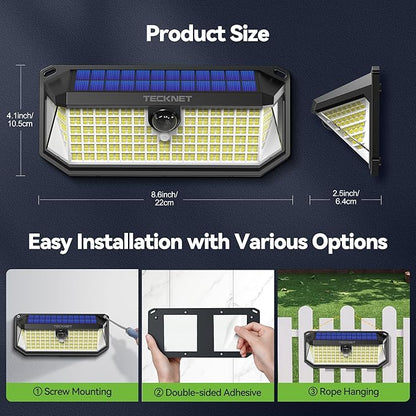 TECKNET 461 LED Solar Powered Outdoor Lights, 270° Angle & 3 Lighting Modes Motion Sensor Light Outdoor, Security Solar Lights Waterproof - 6 Pack