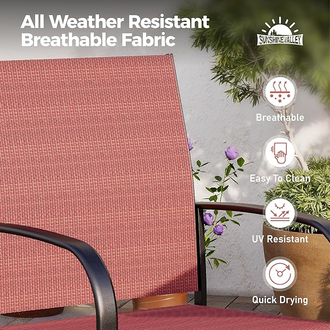 5 Piece Patio Dining Set for 4, 42" x 42" Round Metal Table with Umbrella Hole and 4 Red Chairs, Outdoor Table and Chairs Set for Lawn Backyard and Deck