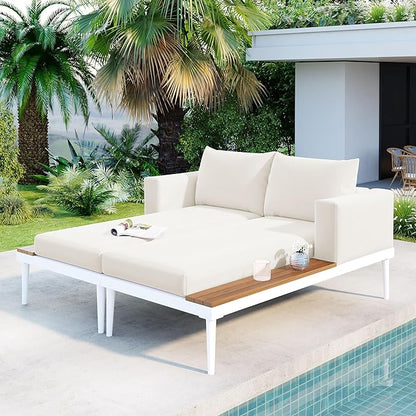 LUMISOL Outdoor Patio Daybed Metal Daybed with Cushions and Wood Topped Side Spaces for Drinks, 2 in 1 Padded Chaise Lounges for Poolside, Balcony, Deck, Beige
