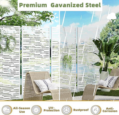 Casaphoria Metal Privacy Screen Outdoor, 72" H x 47" W Freestanding Decorative Privacy Screen for Patio Deck Balcony Garden with Stable Base, White-Shine