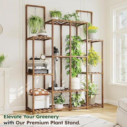 EnHomee Plant Stand Indoor Wood Plant Stand Outdoor Plant Shelf with 14-18 Potted Double Rod Large Plants Holder 440LBS Plants Shelves for Living Room Patio Balcony Yard Garden 44.8''W×11.6''D×47''H