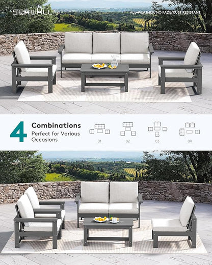 SERWALL HDPE Patio Conversation Set, 6-piece Sectional Outdoor Furniture Set, All Weather Outdoor Couch Set Patio Furniture Set for Deck, Lawn, Grey Frame with Grey Cushion