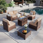 Aoxun 7 Piece Patio Furniture Set with Wide Armrests & 44” Fire Pit Table Wicker Rattan Outdoor Sectional Sofa Set with Coffee Table and Thick Cushion, Khaki (Waterproof Cover Included)