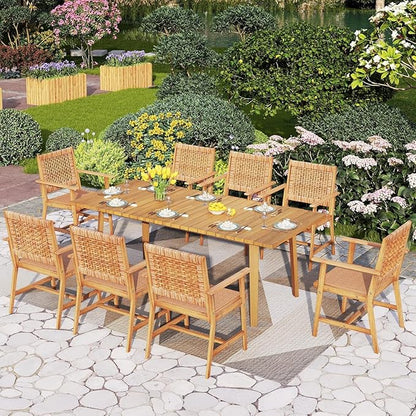 PHI VILLA 9 Pieces Acacia Wood Outdoor Dining Set for 8, Teak Rectangle Wooden Table & Chairs with Wicker Seat and Back, Farmhouse Dining Furniture Set for Patio, Deck, Yard, Porch