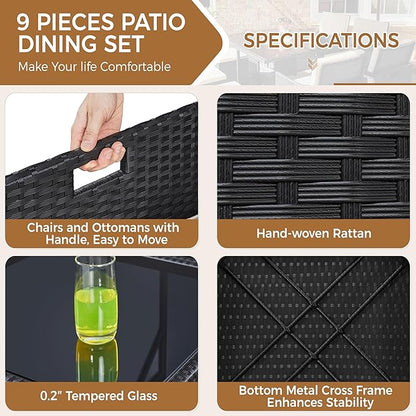 Yaheetech 9-Piece Patio Dining Sets, Outdoor Space Saving Rattan Chairs with Glass Table, Wicker Sectional Conversation Furniture Set with Removeable Cushions, Black/Beige