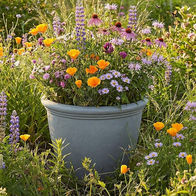 Sunnydaze 24-Inch Anjelica Large Plastic Pot for Plants - Outdoor Double-Walled Large Plastic Planter with Drillable Drainage Holes - Light Gray - 4pk
