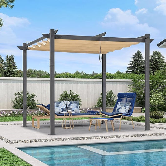PURPLE LEAF 10' x 10' Aluminum Outdoor Pergola Wind-Resistant Retractable Pergola with Double Sun Shade Canopy Heavy-Duty Metal Pergola for Patios Backyard Deck Garden, Khaki