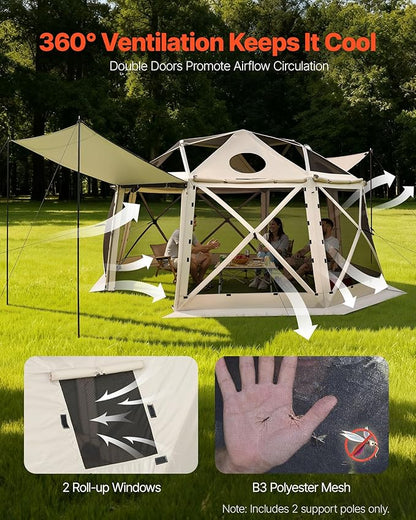 VEVOR Pop up Gazebo Screen Tent, 15 x 15 ft, 13-Sided Spherical Camping Canopy Tent with Removable Top & Carry Bag, Quick-Set & Bite-Proof, Screen House Sun Shelter for 12-15 Persons, Beige