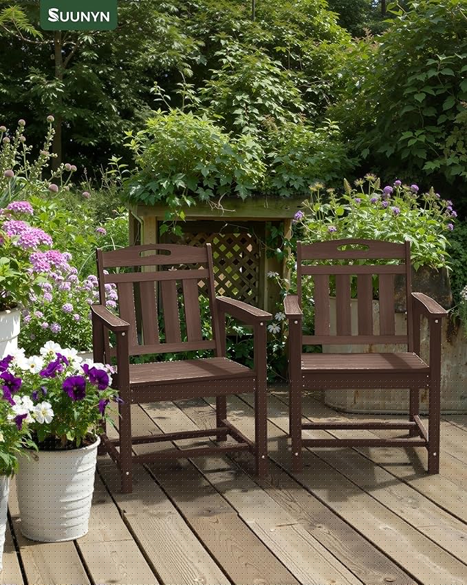 Set of 2 Weatherproof Patio Chairs - HDPE Outdoor Dining Chairs with Wide Seat, Ergonomic Design - for Garden, Backyard, Deck - Brown