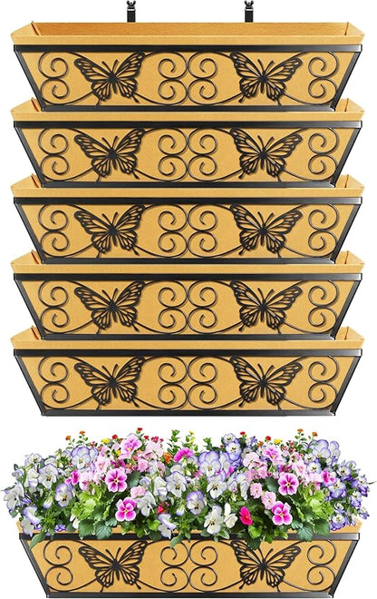 6 Pack 24 Inch Window Boxes Planters Railing Planter Box with Adjustable Brackets for Porch Fence Patio Balcony Hanging Flower Baskets with Woven Fabric for Outdoor Garden Decor - Black