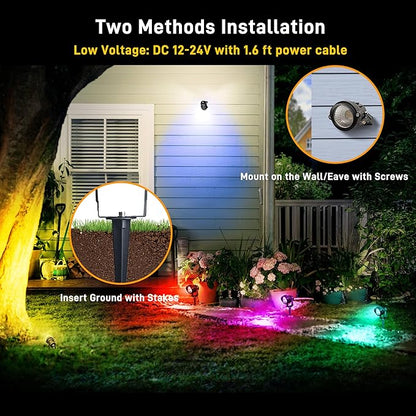 Christmas Landscape Lights 12W RGBW Outdoor Spot Lights for Yard, Low Voltage LED Landscape Spotlight with Remote Control, IP65 Waterproof Yard Spotlgiht for Lawn, Garden, 2 Pack