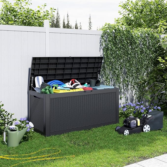 Deck Box, Black Resin Outdoor Storage, 100 Gallon Capacity