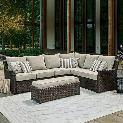 Signature Design by Ashley Brook Ranch Casual Nuvella Weather Resistant Fabric Right Hand Facing Outdoor Sofa Sectional/Bench with Cushion and 6 Throw Pillows, Set of 3, Beige & Dark Brown