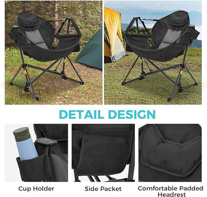 Ainfox Hammock Camping Chair, Foldable Portable Rocking Chairs for Adults Outside Swinging Camp with Cup Holder Pillow for Outdoor Patio Poolside (Black)