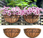 LaLaGreen 16 Inch Wall Hanging Planters - 2 Pack, Large Wall Mounted Flower Basket with Coco Liner, Black Metal Horse Trough Window Herb Pot Holder Outdoor Plants Fence Rail Railing Deck Porch Balcony