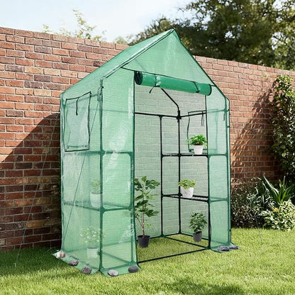 Aoodor Walk-in Greenhouse with 4 Shelves, 4.7×2.5×6.4 ft Outdoor Garden Plant House with PE Cover for Growing Vegetables, Flowers, Herbs