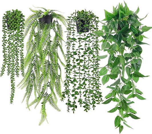 Der Rose 4Pcs Fake Plants Hanging Artificial Ivy Vine Faux Eucalyptus Hanging Plants, Boston Fern, String of Pearls for Living Room Bedroom Boho Wall Shelf Indoor Outdoor Decor