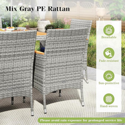 Tangkula 9 Pieces Rattan Outdoor Dining Set for 8, Outdoor Acacia Wood Table Set with 8 Cushioned Wicker Chairs, Umbrella Hole, Patio Dining Furniture Set for Deck Pool Backyard