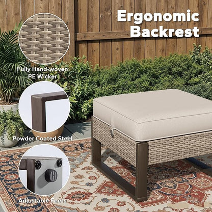 Joyside Outdoor Patio, All-Weather PE Rattan Ottomans Footstools with Removable Cushions & Anti-Rust Wood-Looking Legs for Garden, Backyard, Porch, Deck (Beige)