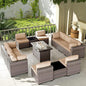 Kullavik 13 Pieces Outdoor Patio Furniture Set with 43" 55000BTU Gas Propane Fire Pit Table PE Wicker Rattan Sectional Sofa Patio Conversation Sets,Khaki
