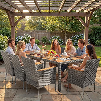 Devoko Outdoor Patio Dining Sets 9 Pieces Wicker Outdoor Dining Table and Chairs Set with Acacia Wood Table Top and Widened Armrests for Backyard, Garden, Deck (Grey)