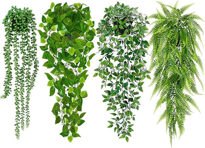 Palonu Artificial Hanging Plants for Shelf, 4 Pack Fake Potted Greenery Plant Faux Mandala Vine, String of Pearls, Ivy Vine,Persian Grass Fern in Pot for Desk Home Bathroom Farmhouse Room Table Decor