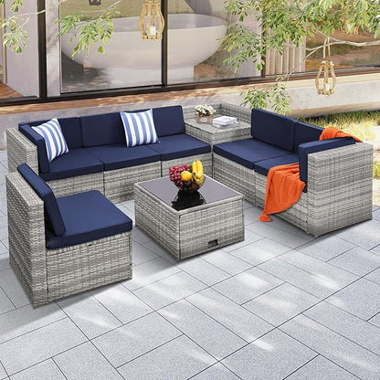 8-Piece Patio Furniture Set, Outdoor Wicker Rattan Sectional with Thick Cushions, Glass Top Table with Hidden Storage, Outdoor Conversation Set for Backyard, Porch, Patio, Blue