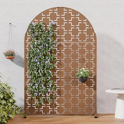 Casaphoria 72" H x 47" W Arched Metal Privacy Screen - Elegant Freestanding Outdoor Screen for Deck, Patio & Balcony - Versatile Decorative Privacy Panels for Home & Garden Use (Brown-Square)