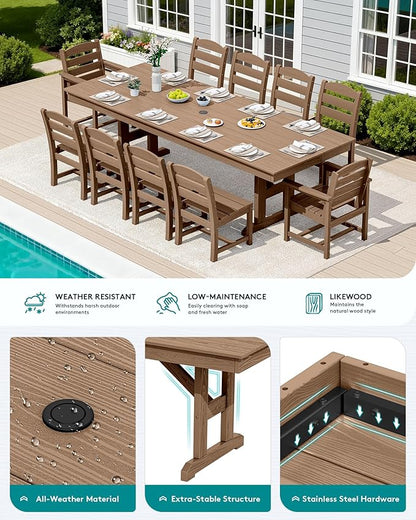 SERWALL 11 Piece Outdoor Dining Set, 84" HDPE Outdoor Table and Chairs for 10，All Weather Patio Furniture Set with Umbrella Hole for Backyard, Garden, Brown