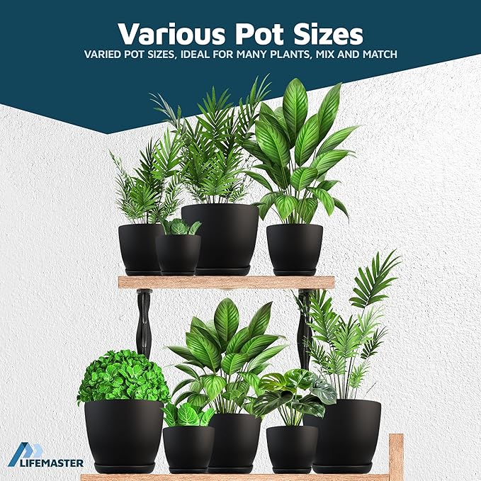 Black Plant Pots with Drainage Holes & Saucers 15 Pack, Indoor & Outdoor Stackable Space-Saving Planters for Houseplants & Flowers, (7", 6.7", 6", 5.3", and 4.8" Inches), Durable & Weatherproof