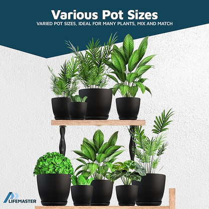 Black Plant Pots with Drainage Holes & Saucers 15 Pack, Indoor & Outdoor Stackable Space-Saving Planters for Houseplants & Flowers, (7", 6.7", 6", 5.3", and 4.8" Inches), Durable & Weatherproof