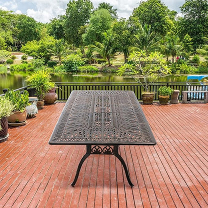 Outdoor Patio Dining Table - All-Weather Cast Aluminum 87" x 28.5“ Patio Rectangular Table with 2" Umbrella Hole for Balcony Lawn Garden Backyard
