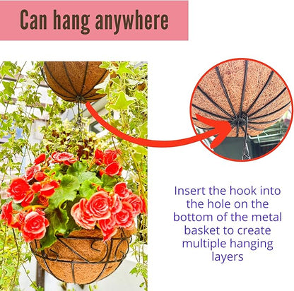 LaLaGreen Hanging Planter for Outdoor Plants (16 Inch, 6 Pack) Hanging Baskets with Coco Liner, Black Metal Wire Flower Basket Pots with Hook Hanger Balcony Porch Farmhouse Country Style Garden Decor