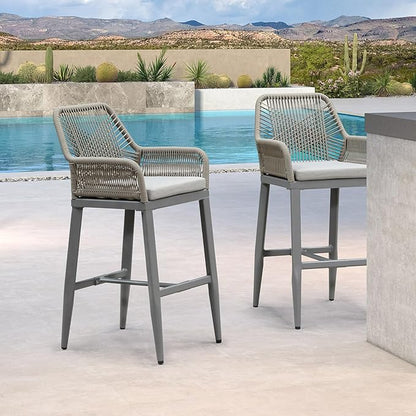 PURPLE LEAF Outdoor 29" Wicker Bar Stools Set of 2, Boho Patio Bar Height Chair with Cushion and Back for Outdoor and Indoor, Garden, Patio, Light Grey