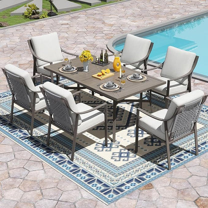 NATURAL EXPRESSIONS 7 Piece Patio Dining Table Outdoor Furniture Set for 6, 6Pcs Fixed Dining Chairs with Olefin Cushions, 65”Large Dining Table with Umbrella Hole