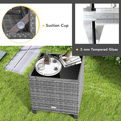 Tangkula 3 Pieces Wicker Patio Furniture Set, Outdoor Rattan Conversation Cushioned Chair Set with Tempered Glass Side Table, for Porch, Balcony and Garden