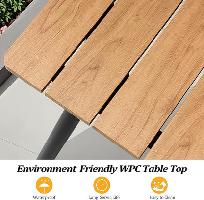 70" Patio Outdoor Dining Table for 4-6, Weather-Resistant Wood-Grain Top with Aluminum Frame & Umbrella Hole for Deck Gatherings, Brown