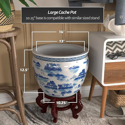 Red Lantern 16" Landscape Blue & White Porcelain Fishbowl Planter or Cachepot for Indoor/Outdoor Use in Garden Entryway Living Room Boho Eclectic Modern Contemporary Classic Traditional Style Decor