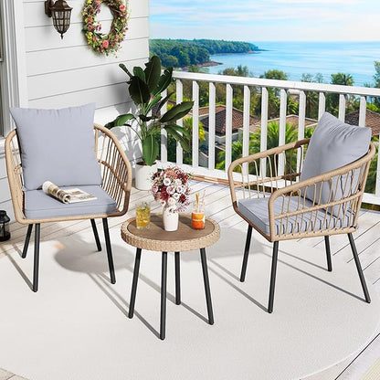 YITAHOME 3 Piece Bistro Set Outdoor with Thick Cushions&Table All-Weather Wicker Patio Furniture Set with Armrest Rattan Conversation Set for Balcony, Backyard, Pool, Porch, Deck - Grey