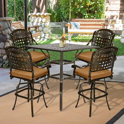 VIVIJASON 5-Piece Bar Height Patio Dining Set, Rust-Free Cast Aluminum Outdoor Table and Chairs Set with 4 Swivel Bar Stools, Cushions & 35.4" High Bar Table w/Umbrella Hole for Deck, Lawn, Garden