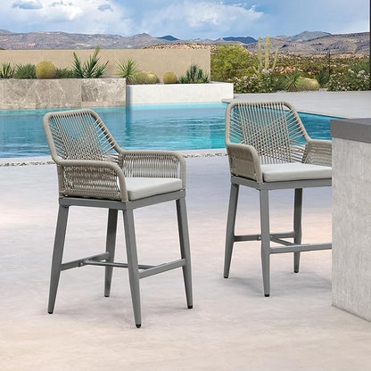 PURPLE LEAF Outdoor 24" Counter Height Bar Stools Chair Set of 2, All Weather Rattan and Aluminum Patio Bar Stool with Cushion for Indoor and Outdoor, Kitchen Island, Light Grey