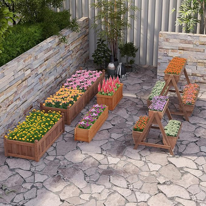 Giantex Vertical Raised Garden Bed, 3 Wood Planter Boxes for Flower Vegetable Fruit Herb, Freestanding Garden Planter with Drain Holes, Elevated Raised Beds for Indoor Outdoor Lawn Patio Yard, Brown
