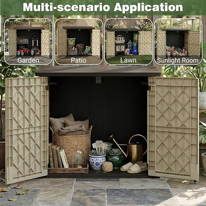 LHBcraft Waterproof Outdoor Storage Box 36 Cu Ft with Lockable Doors, Portable Horizontal Resin Storage Shed, Easy to Assemble, Outdoor Storage Cabinet for Backyards, Brown-Beige