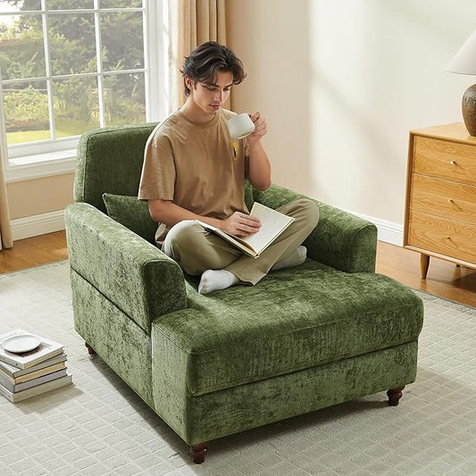 Chaise Lounge Chair Indoor with Adjustable Backrest, Upholstered Mid-Century Reading Chair, Oversized Accent Armchair for Living Room & Bedroom, Comfy Single Sofa Chair, Modern Living Room Chair