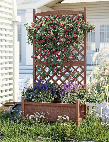 GarveeLife 1PC Wood Planter Box with Trellis - 29.5"x26"x61.5" Tall Raised Garden Bed with Wheels, Drainage Holes, Vertical Flower Stand for Patio Horticulture