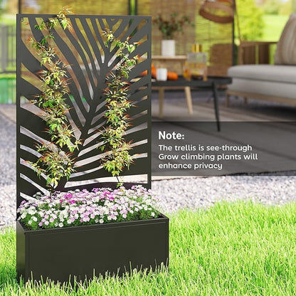 Outsunny Metal Raised Garden Bed with Trellis for Climbing Plants, Freestanding or Wall Mounted Flower Bed with Privacy Panel, Large Leaf Cut-Out Outdoor Planter Box for Garden, Patio, Balcony